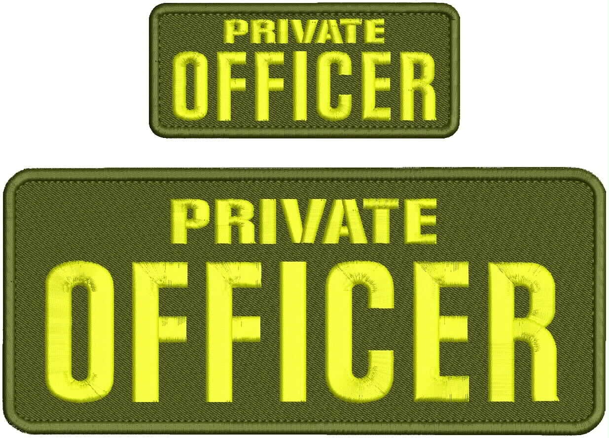 PRIVATE OFFICER embroidery patches 4x10 and 2x5 hook on BACK YELLOW ON OD GREEN