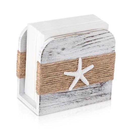Natural Wooden Napkin Holder, Farmhouse Napkin Holders White Beach Style
