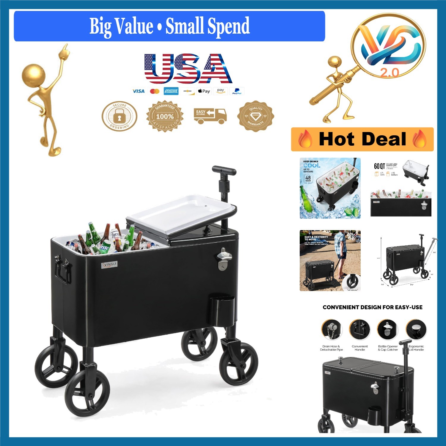 80 Quart Rolling Cooler Ice Chest with Wheels and Long Handle Black
