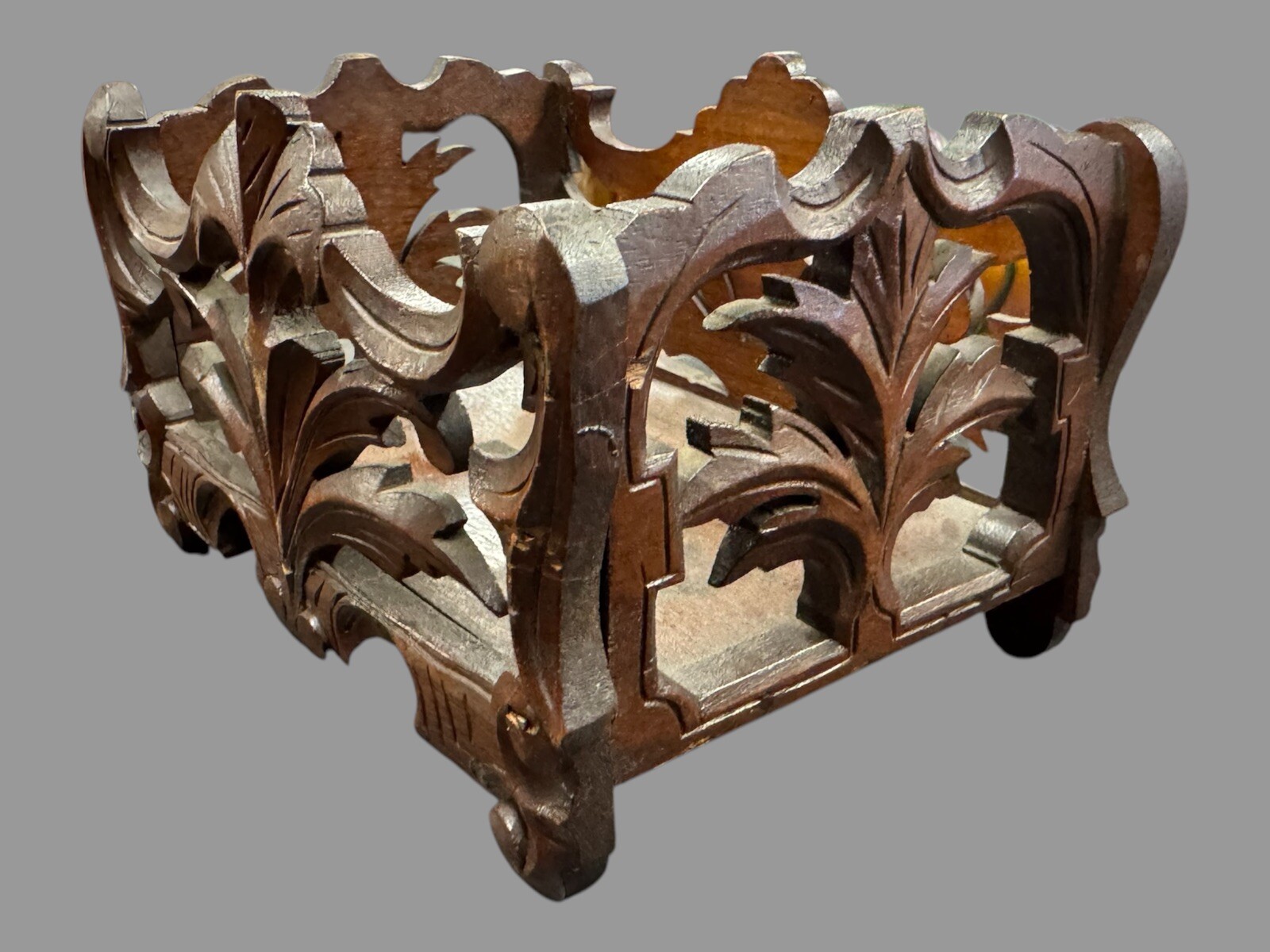 Antique Victorian Carved Walnut Card Note Tray Basket