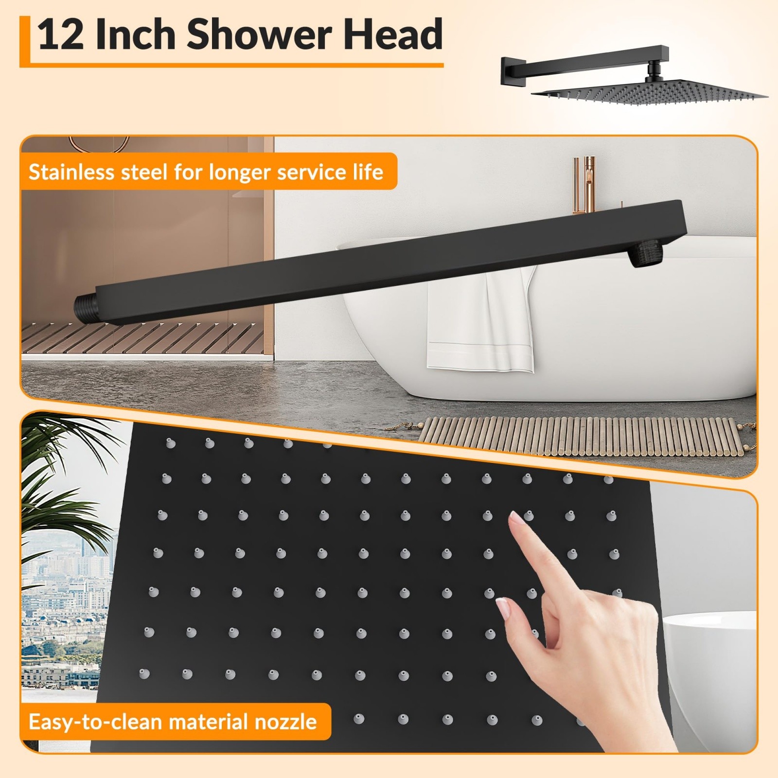 12 Inch Rain Shower Head System 2-Function Wall Mounted Shower Faucet w/Handheld