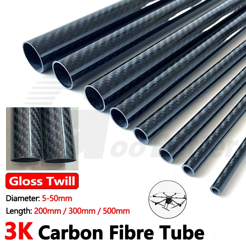 3K Roll Wrapped Carbon Fibre Tube Twill Gloss Length 200/300/500mm OD 5‑50mm DIY
