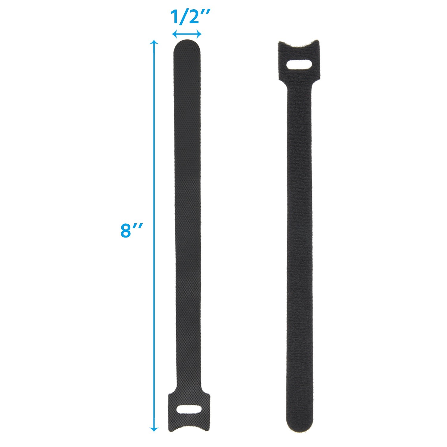 5 Pack of 8" Hook and Loop Wrap Strap 1/2" Width Black, 100pc Pack
