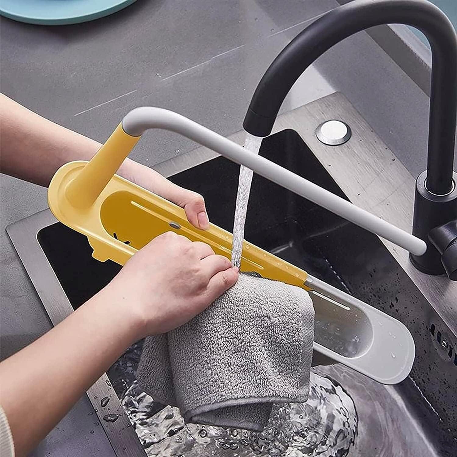 Telescopic Sink Storage Rack,Adjustable Length, Drain Basket Plastic and Sponge