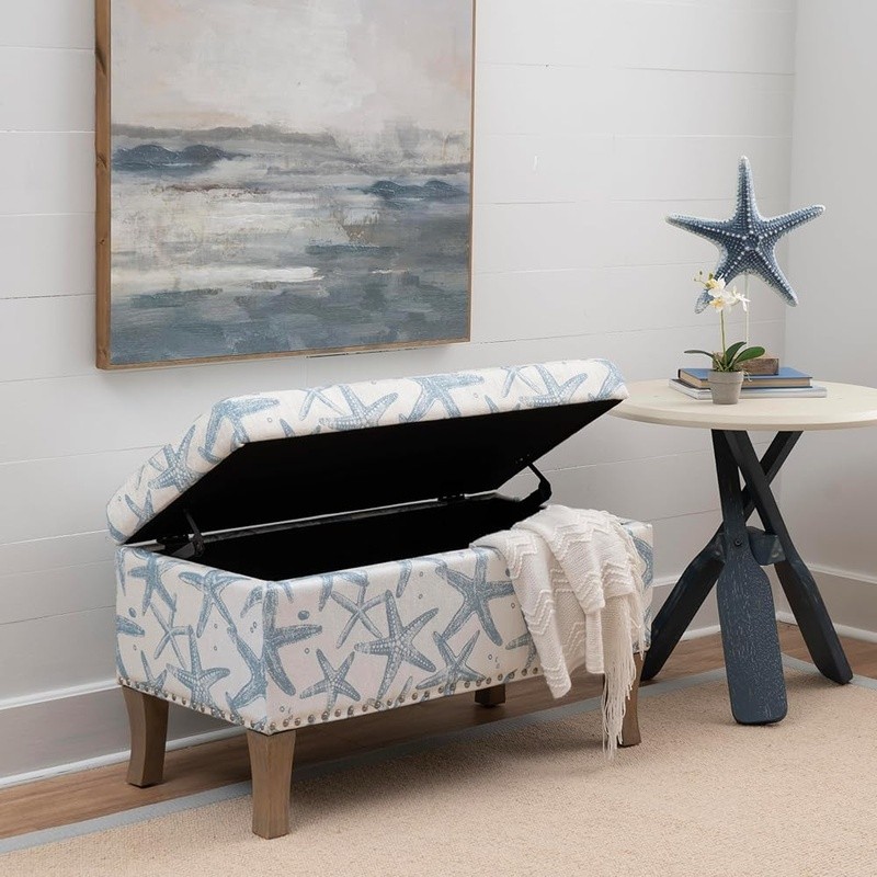 Upholstered Storage Ottoman Starfish Print Hidden Compartment Soft Foam Seat New