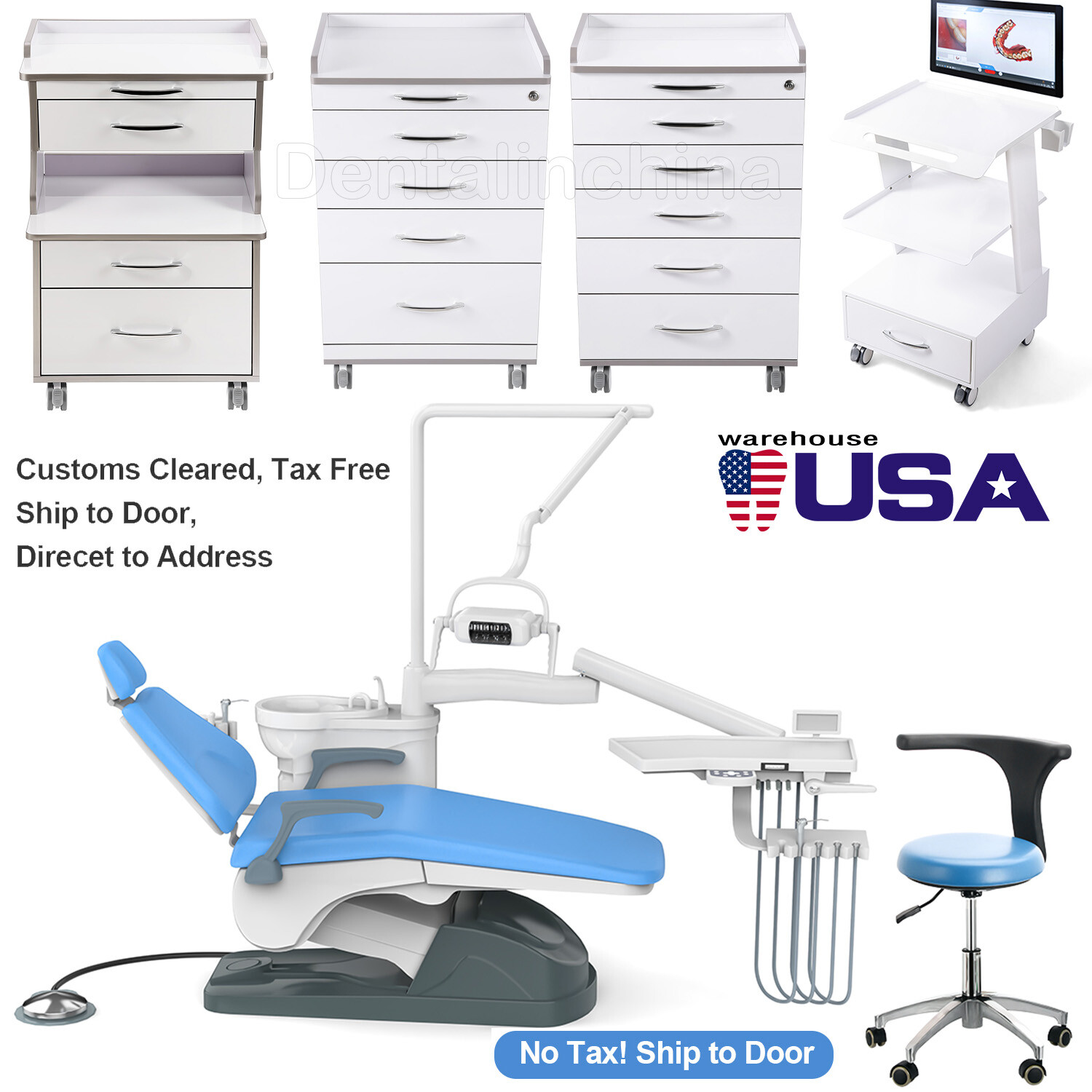 FDA Dental Unit Chair Computer Controlled DC Motor Integral Blue /Mobile Cabinet