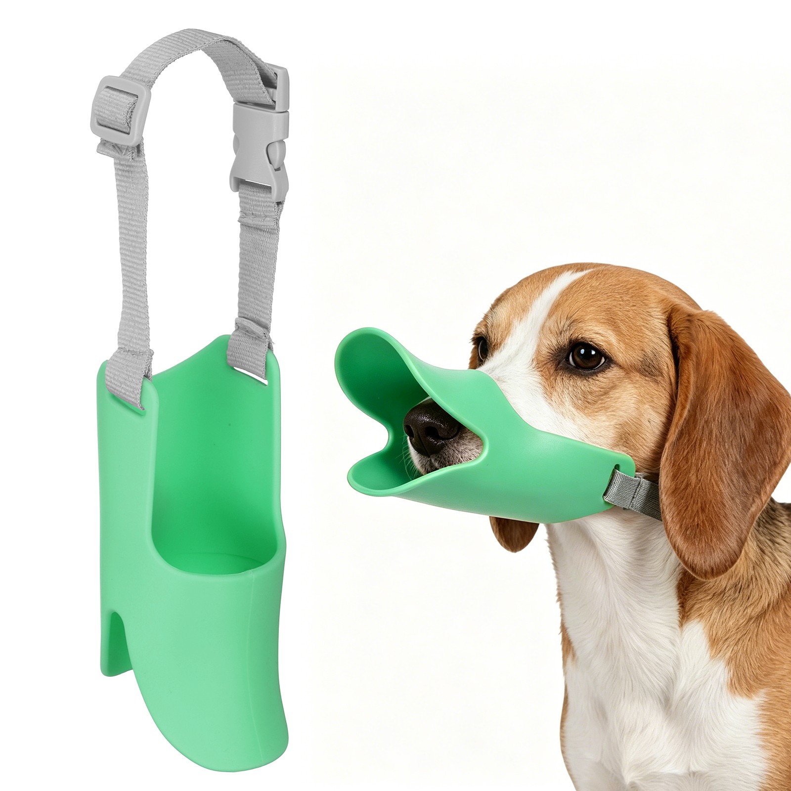 Silicone Dog Muzzle, Soft Silicone Mouth Cover with Adjustable Strap (Green, L)