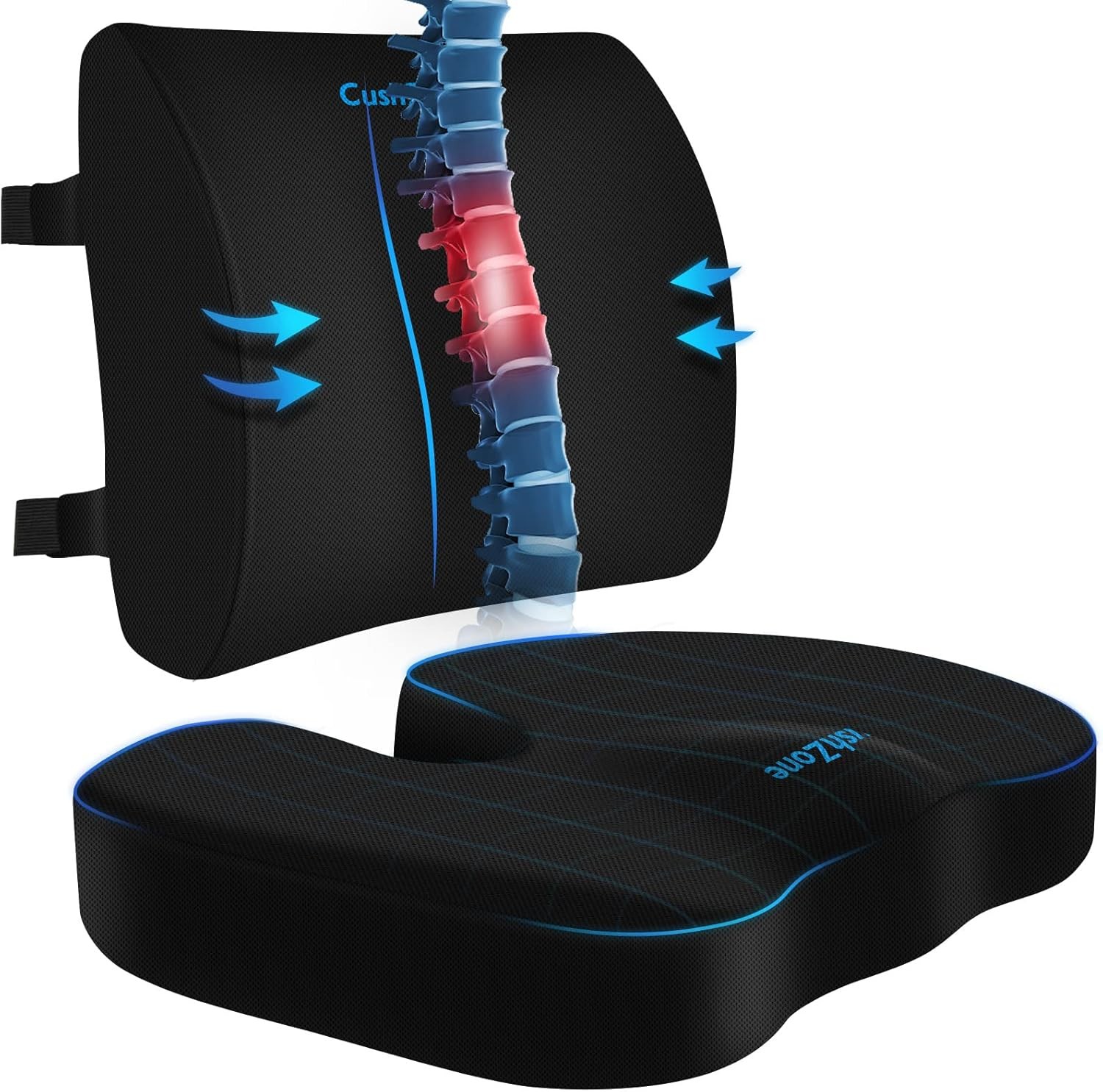 Seat Cushion, Lumbar Support Pillow with Adjustable Strap-Chair Large, Black