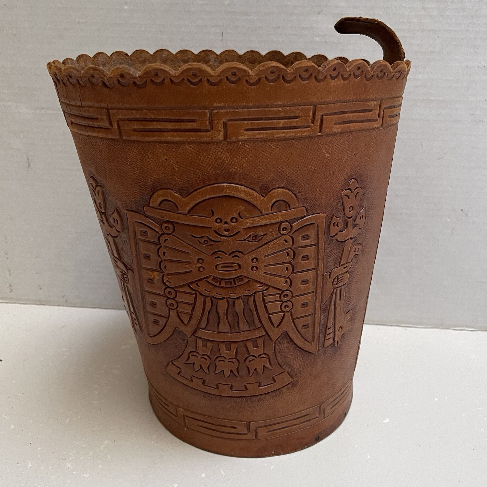 Embossed Leather Basket Hand Tooled Aztec Tribal Plywood Bottom Decor Western