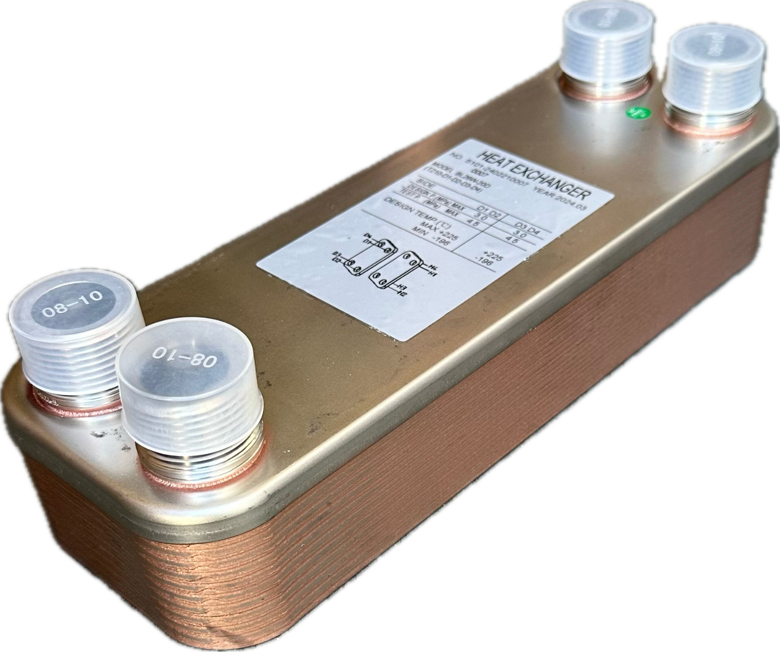 20 Plate 4-1/4"x12" Brazed Plate Heat Exchanger, 1" MPT Ports, 316L S Steel