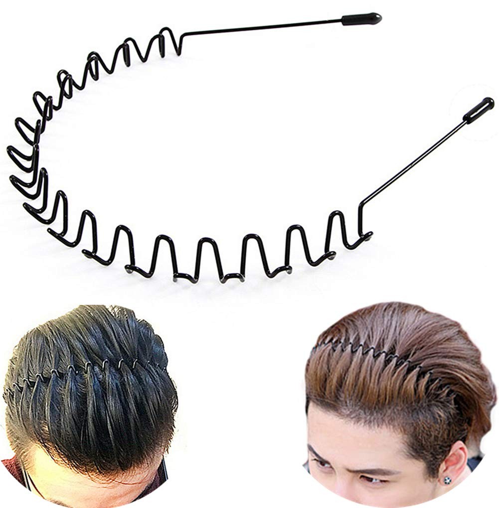 Unisex Metal Headband Black Wavy Elastic Non-Slip Hair Band for Sports