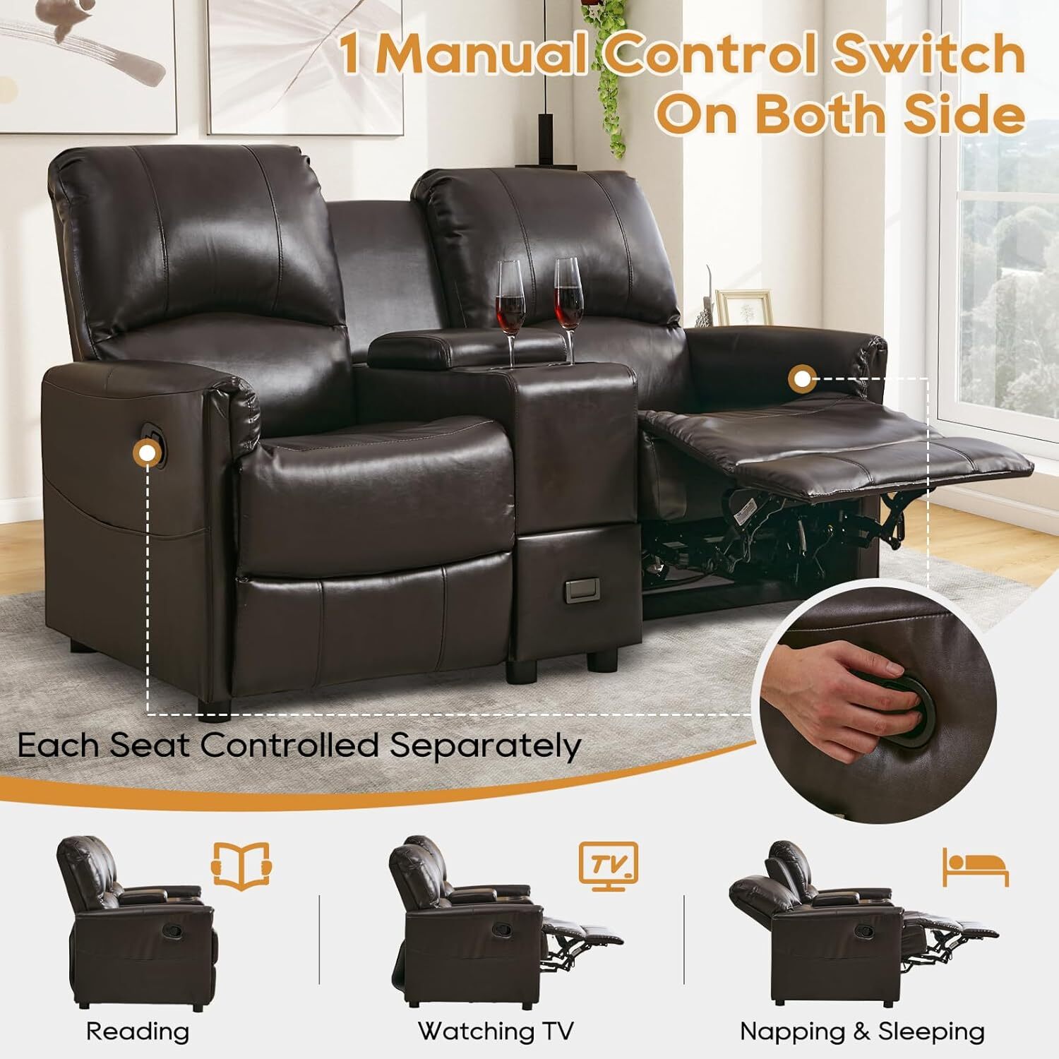 Loveseat Recliner Manual Reclining Sofa Home Theater Seating w/Storage Console