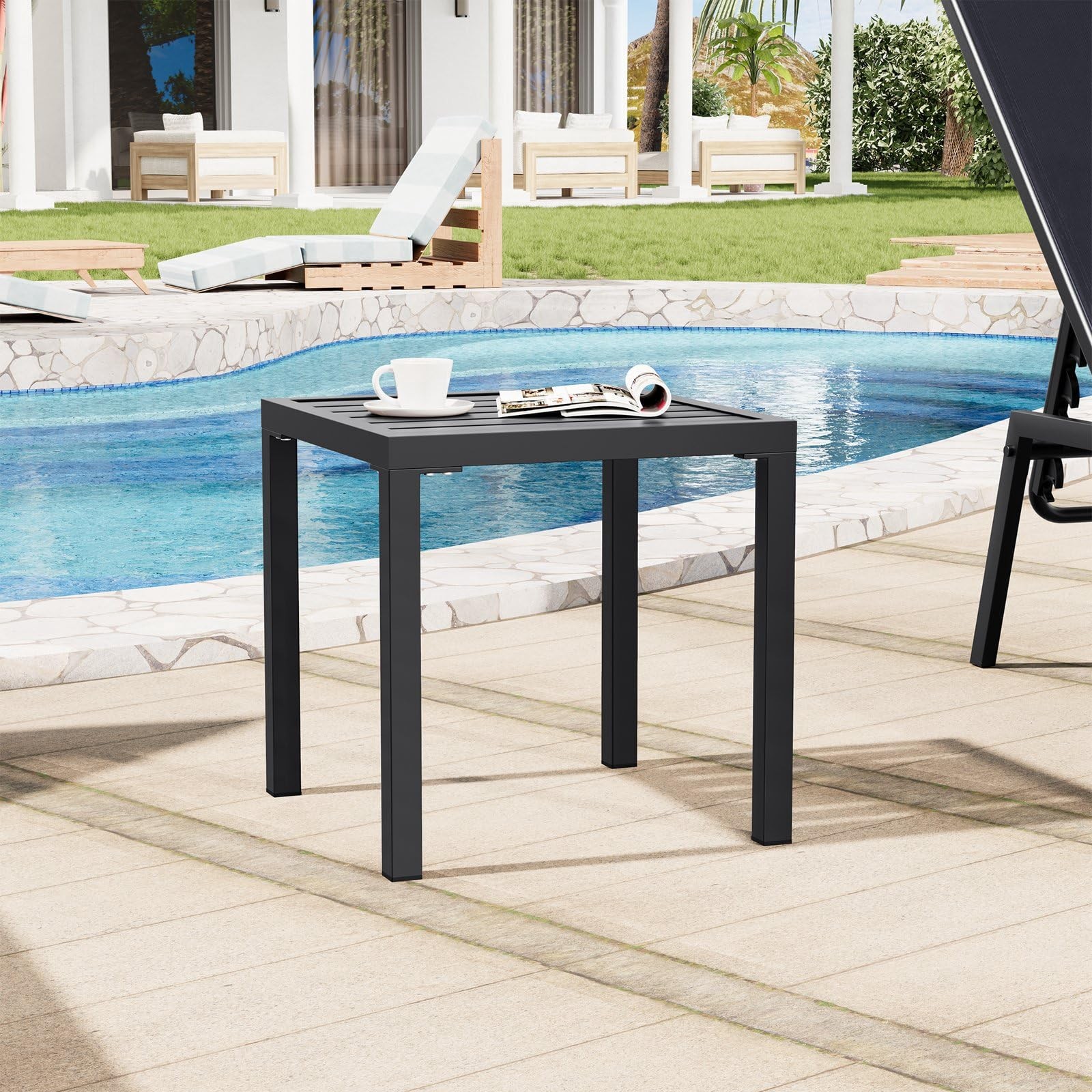 Outdoor Side Table, Black Small Square Metal End Table with Easy Assembly, We...