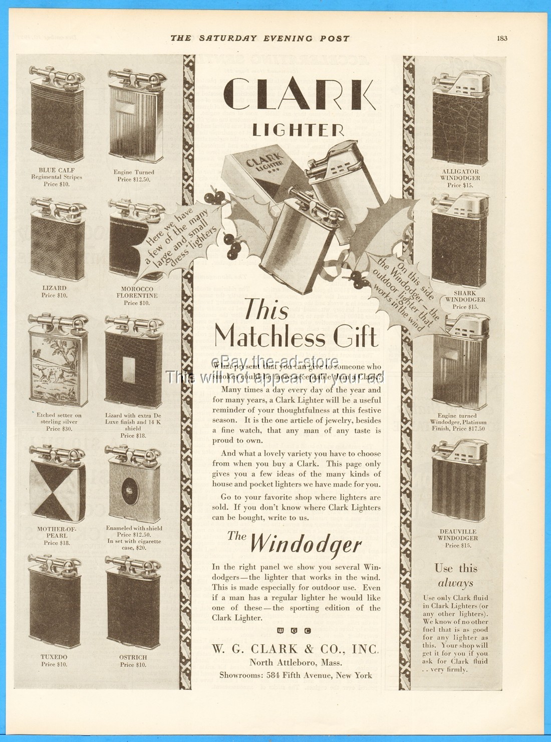 1927 Clark Lighter Vintage Ad 14 Models Windodger Christmas North Attleboro MA