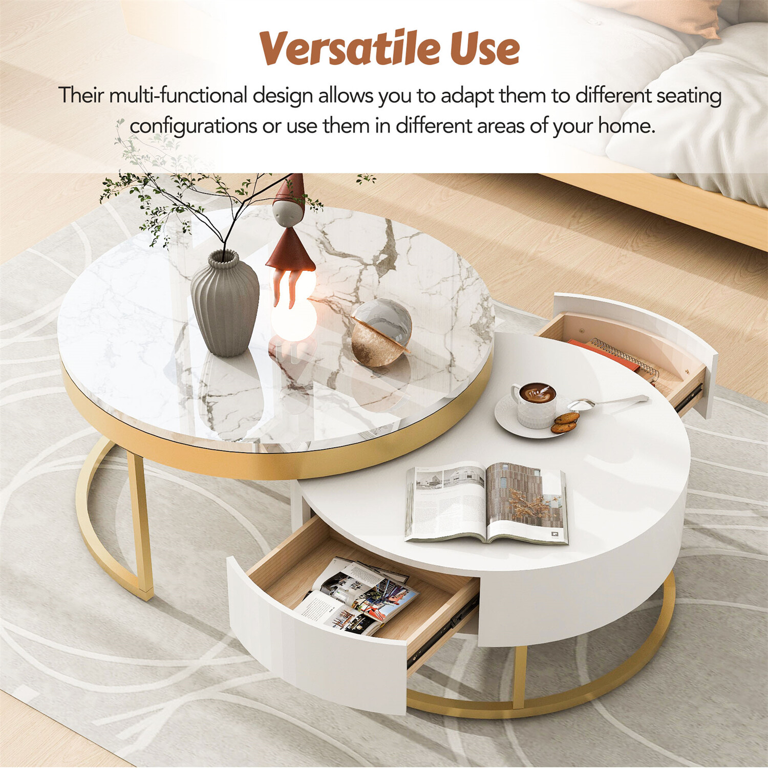 Modern Round Nesting Coffee Table Center Cocktail Table End Table w/ 2 Drawer
