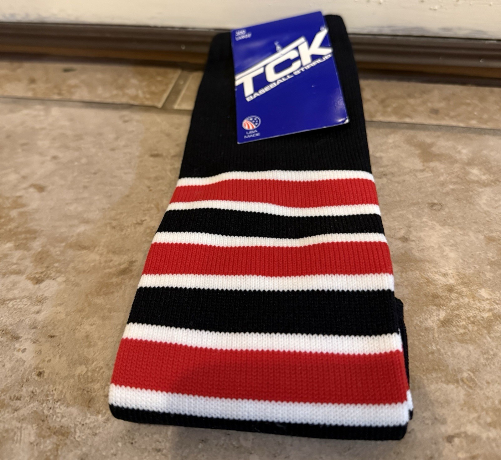 Vtg New TCK Sports Baseball Stirrup Nylon Made In USA Black Red White Large