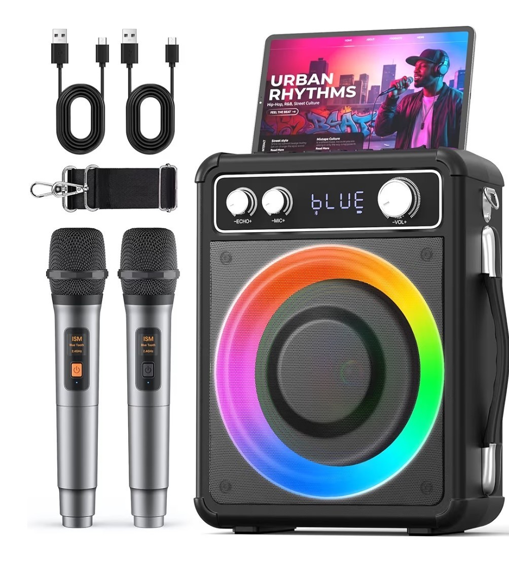 Karaoke Machine, Portable Bluetooth Speaker with 2 Wireless Microphones
