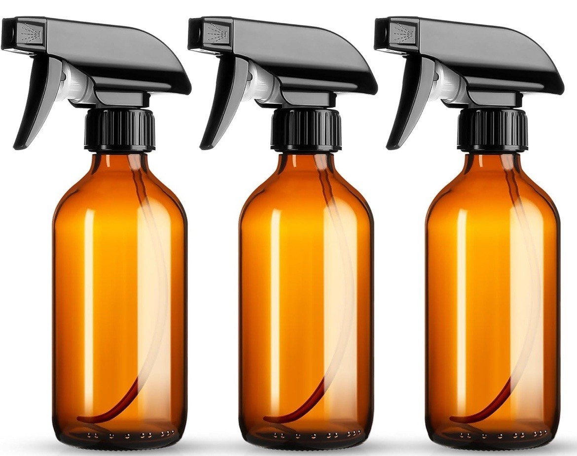 NORME 3 Pack 8oz Amber Glass Spray Bottles w/ Adjustable Nozzle & Labels NEW