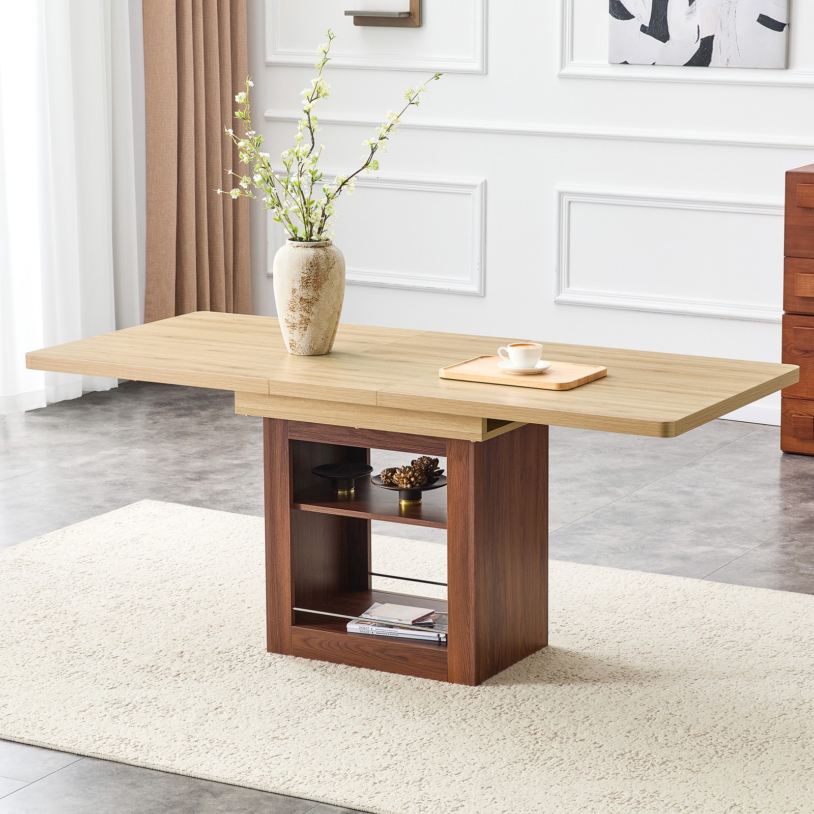 Expandable Dining Table w/storage space,59" to 71" kitchen Dining Table Walnut