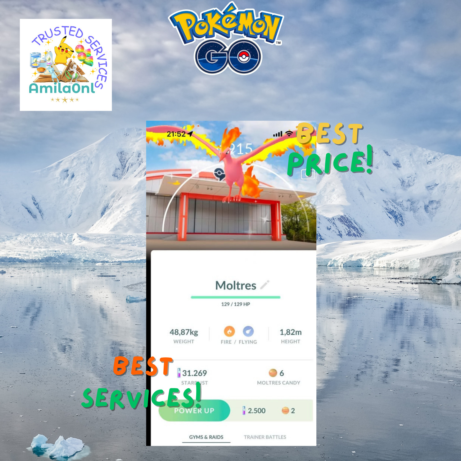 Pokémon✿Go✿Shiny Moltres✿PokéPark KANTO✿Background✿Trade 20k✿PTCentral✿DIGITAL