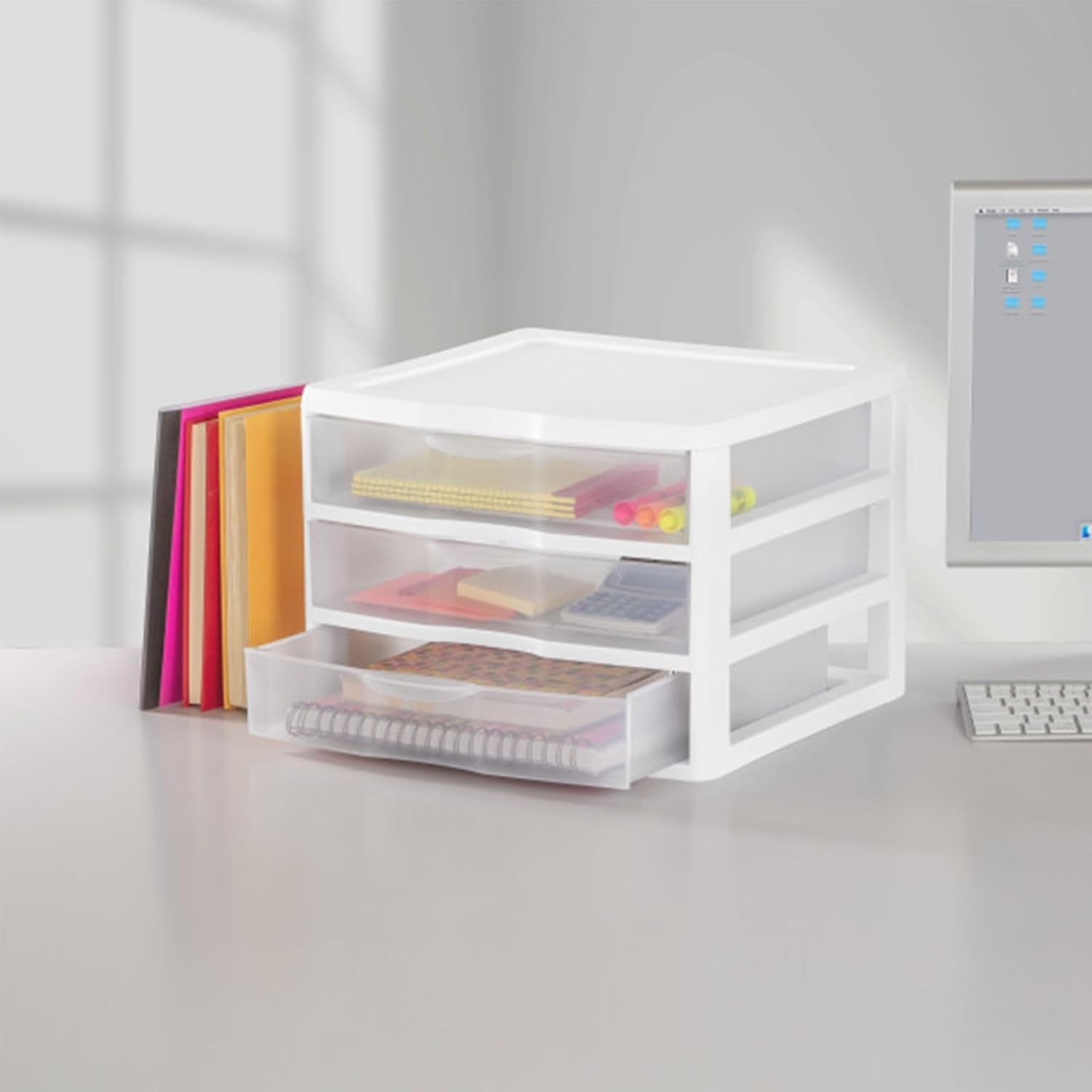 3-Pack Wide 3 Drawer Unit, Plastic Desktop Organizer with Clear Drawers