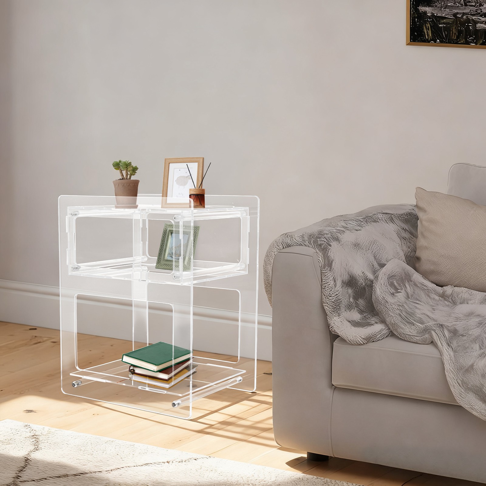 Free Standing Acrylic Side Table Acrylic Nightstand Rectangle Storage Shelf
