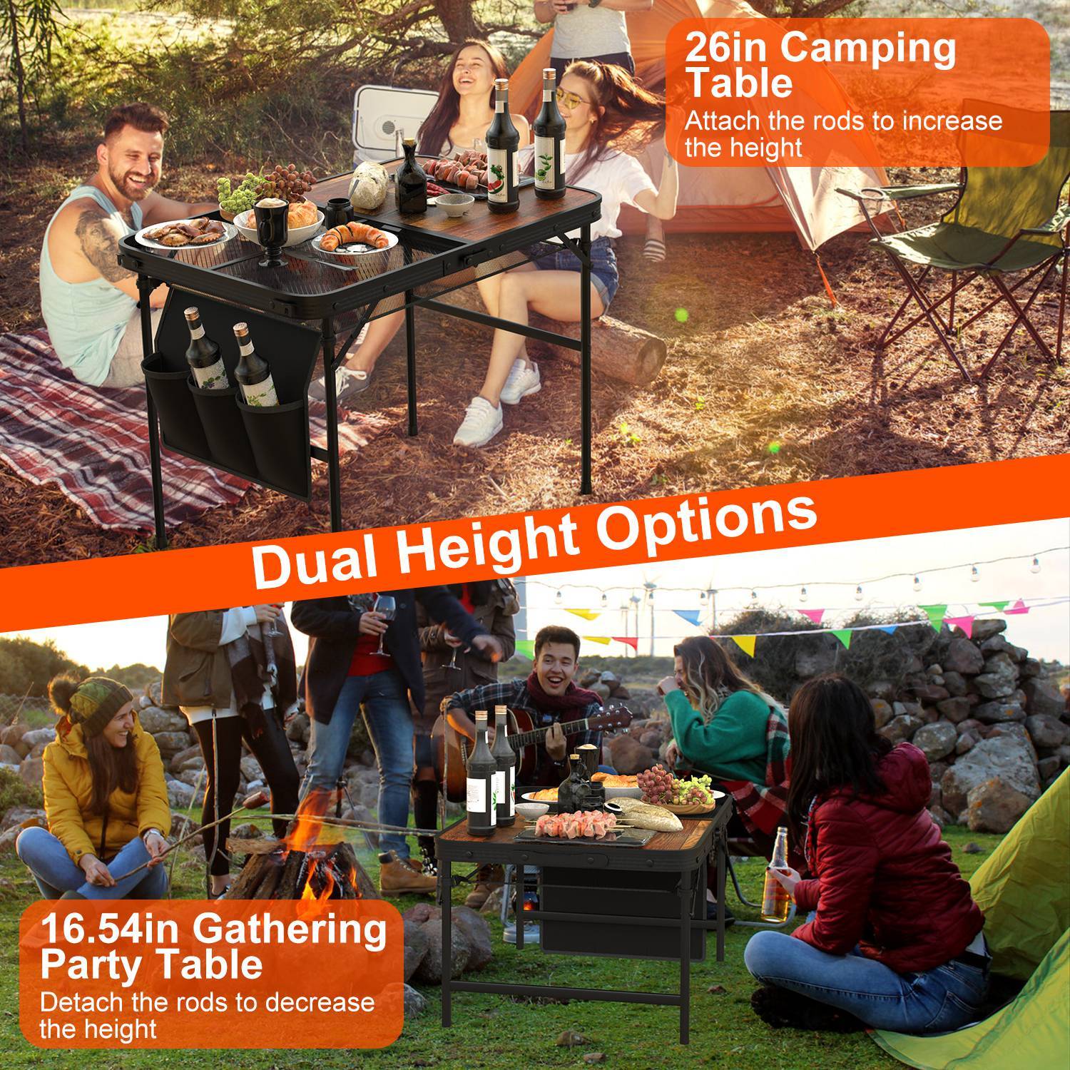 Grill Table Portable Outdoor Camping Table Height Adjustable with Side Pockets
