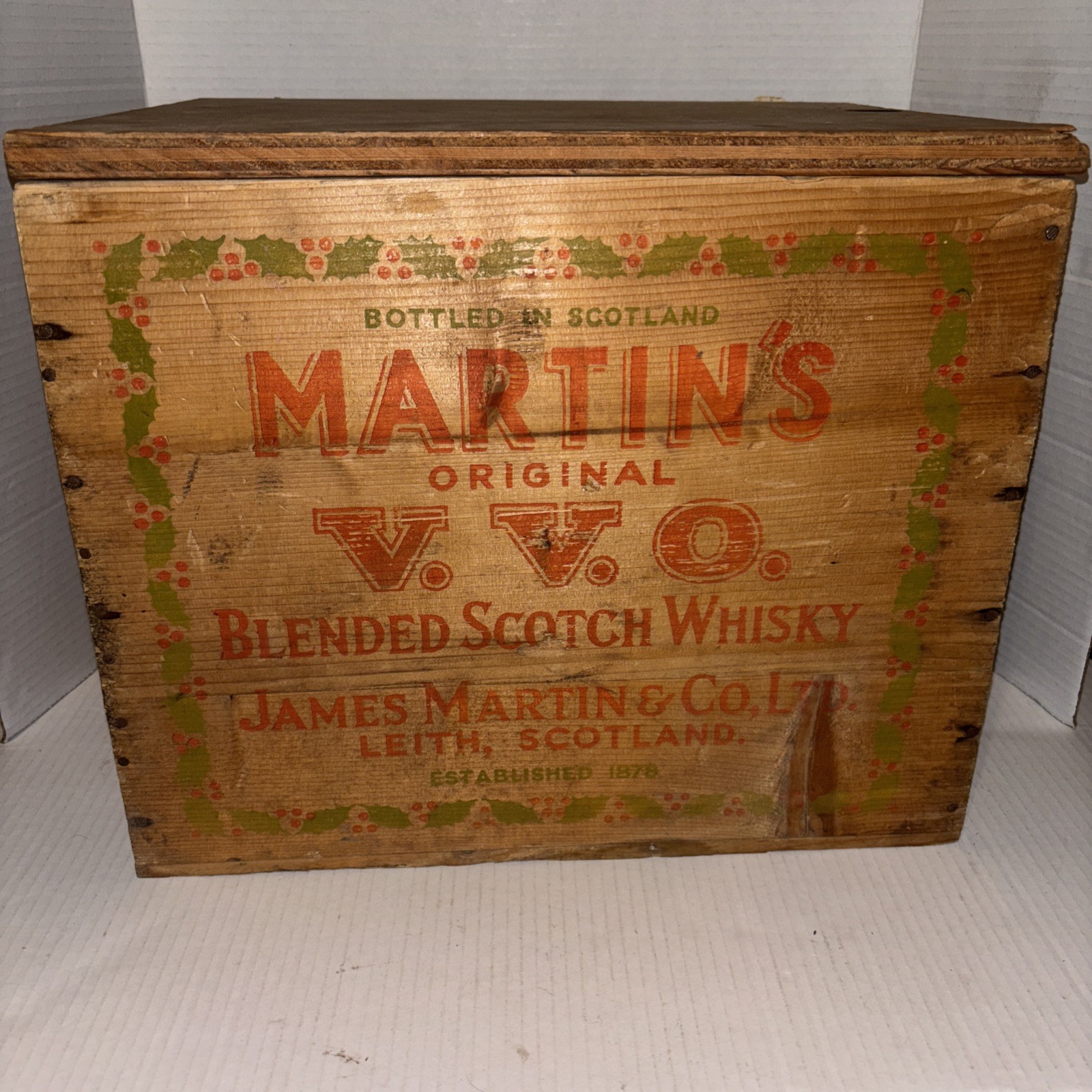 Vtg Antique Whisky Crate Wooden Martin’s VVO James Martin & Co 13x16x12” 1950s