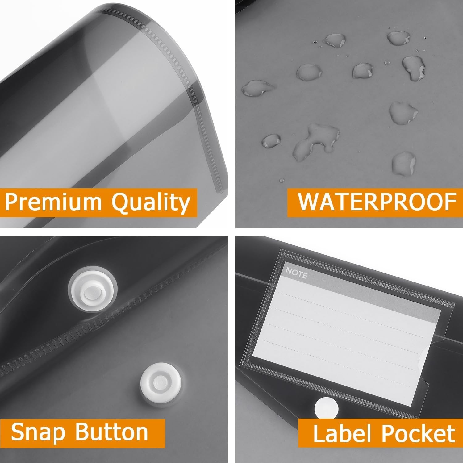 Translucent 6 Pack Plastic Envelopes with Snap Button & Label Pocket - Dark Grey