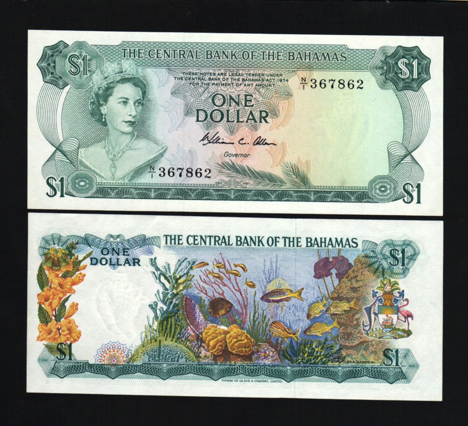 BAHAMAS 1 DOLLAR P-35 A 1974 QUEEN SHIP UNC UK CARIBBEAN MONEY BILL BANK NOTE