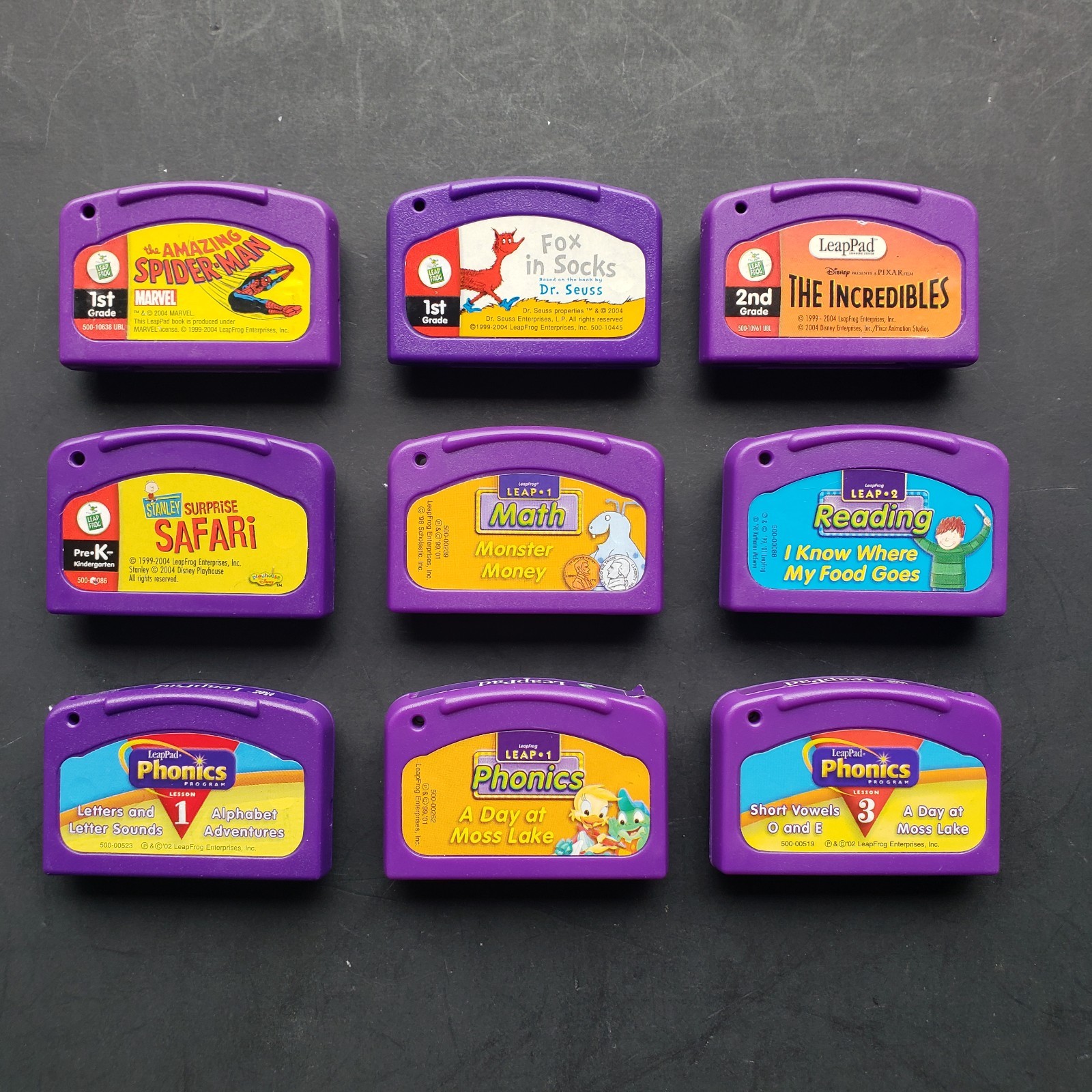 Lot Of 9 Leapfrog Leap Pad Cartridges Spider-Man Incredibles Dr Seuss Phonics