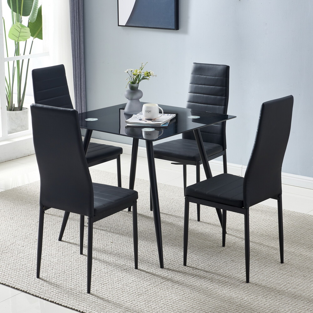 4pcs Dining Chairs - PU Leather, Black High Back, Cross-Stitch & Round Tube Legs