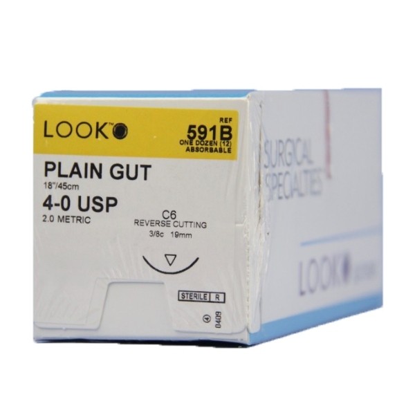 Look X591B Plain Gut Absorbable Sutures 4-8 18'' C6 3/8 Circle 19mm 12/Pk