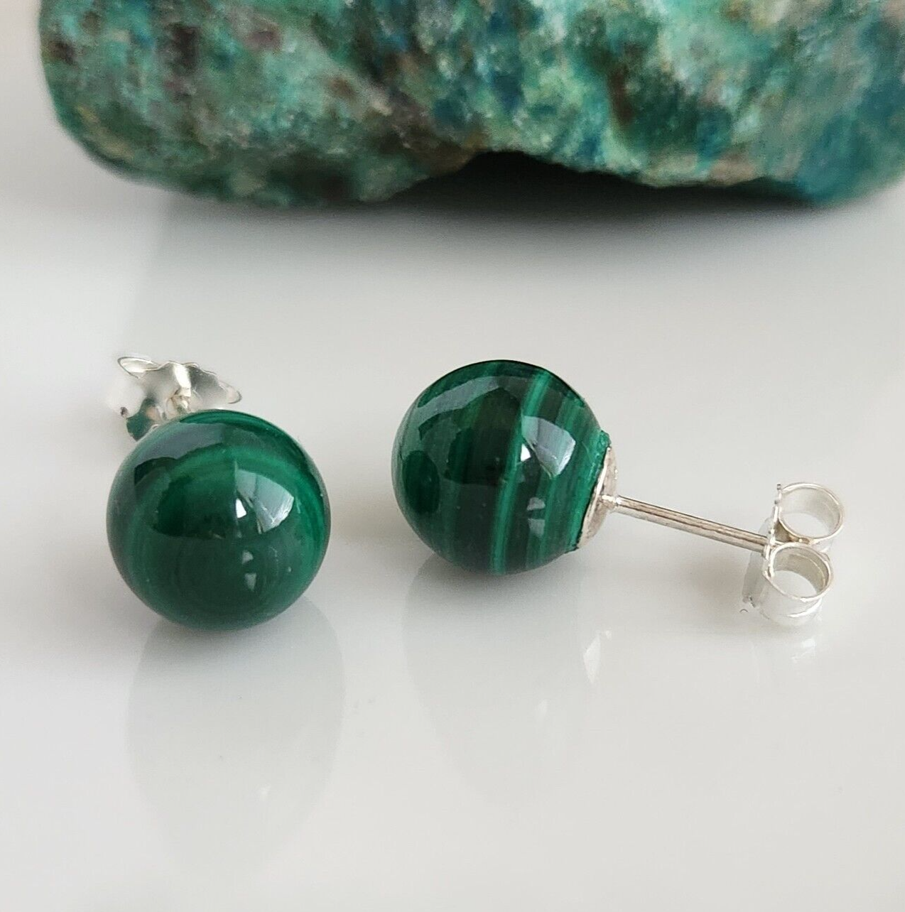 Natural Malachite 8MM Ball Stud Earrings In Solid 925 Sterling Silver