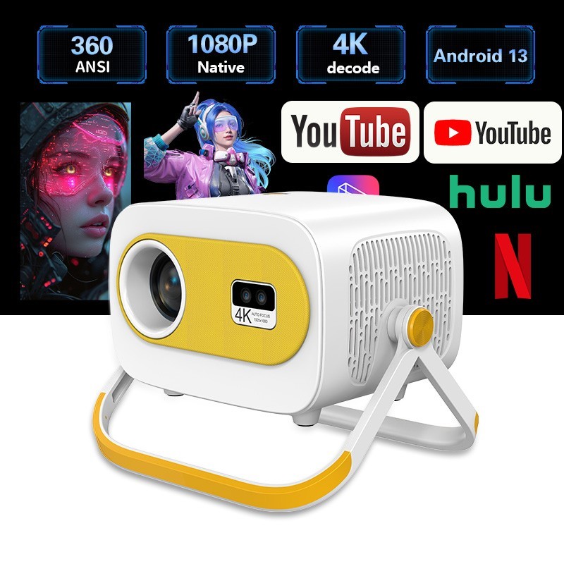 Mini Projector Portable 4K 1080P Android 13 WiFi 360 ANSI Home Theater Video
