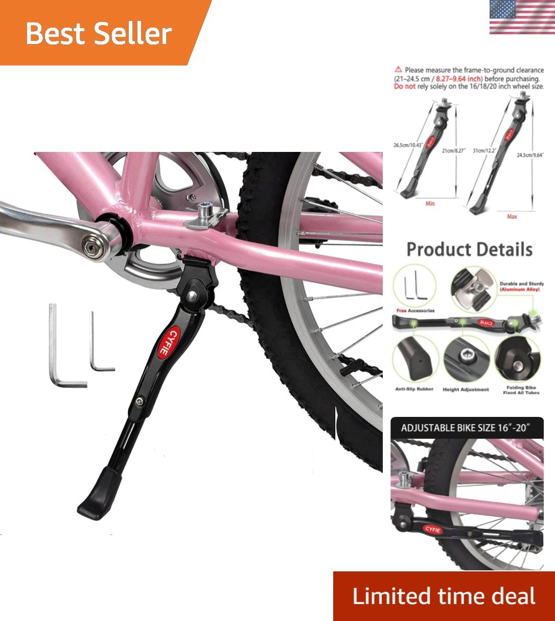 Adjustable Aluminum Bike Kickstand for 16-20 Inch Wheels - Safe & Sturdy Support