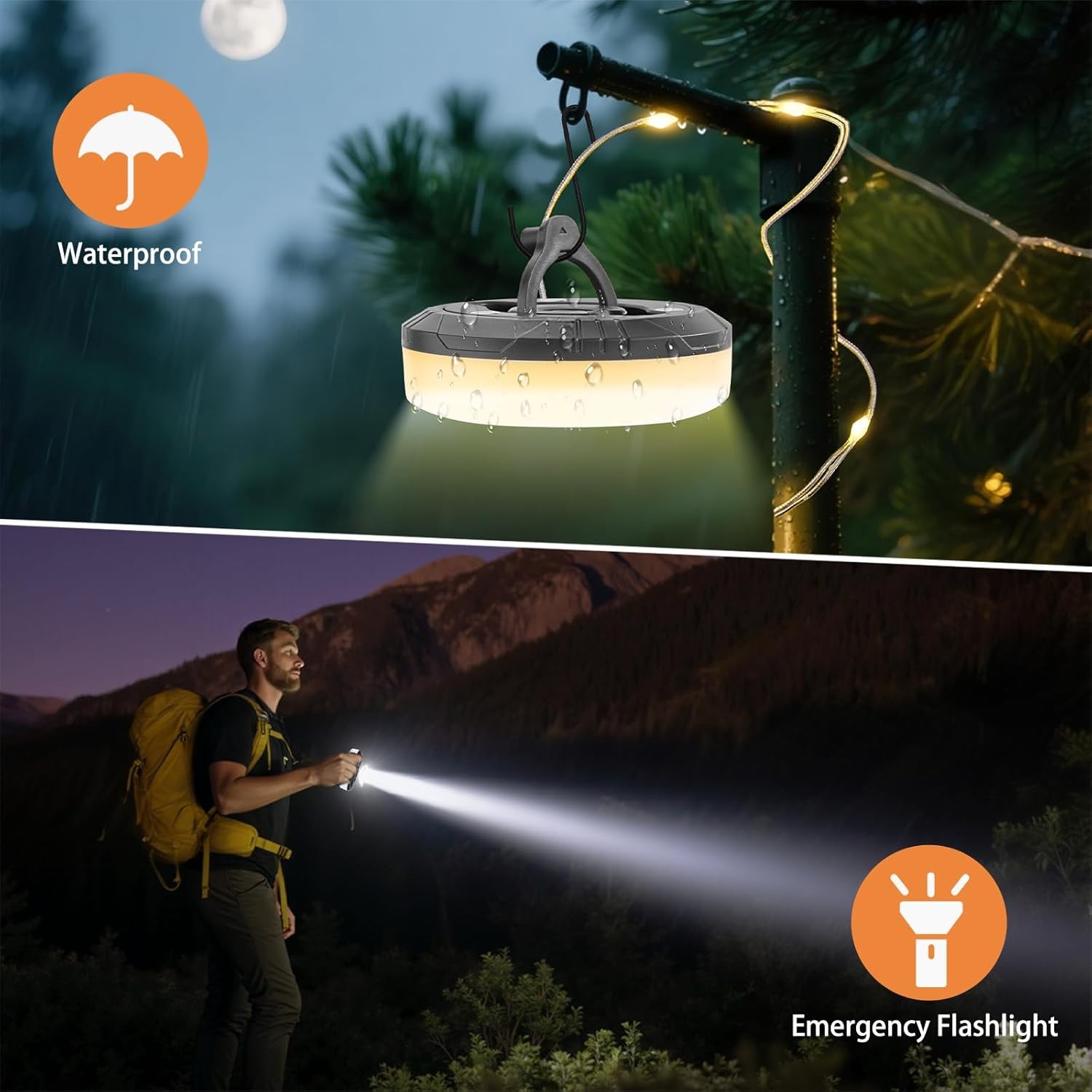 Camping String Lights, 4 in 1 Portable Camping Light Rechargeable, 8 Lighting