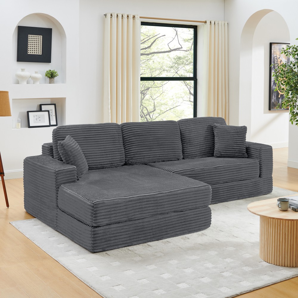 L-Shaped Gray Corduroy Sectional Sofa Converts to Queen Bed