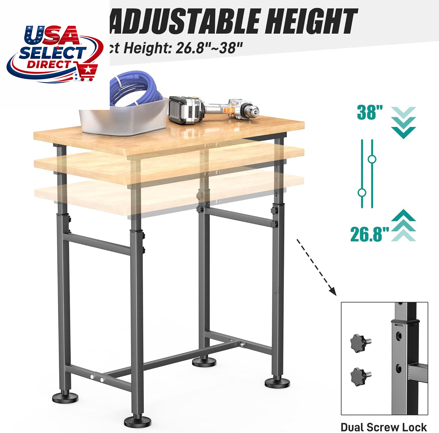 Adjustable Height Workbench for Garage, Heavy Duty Rubber Wood Top