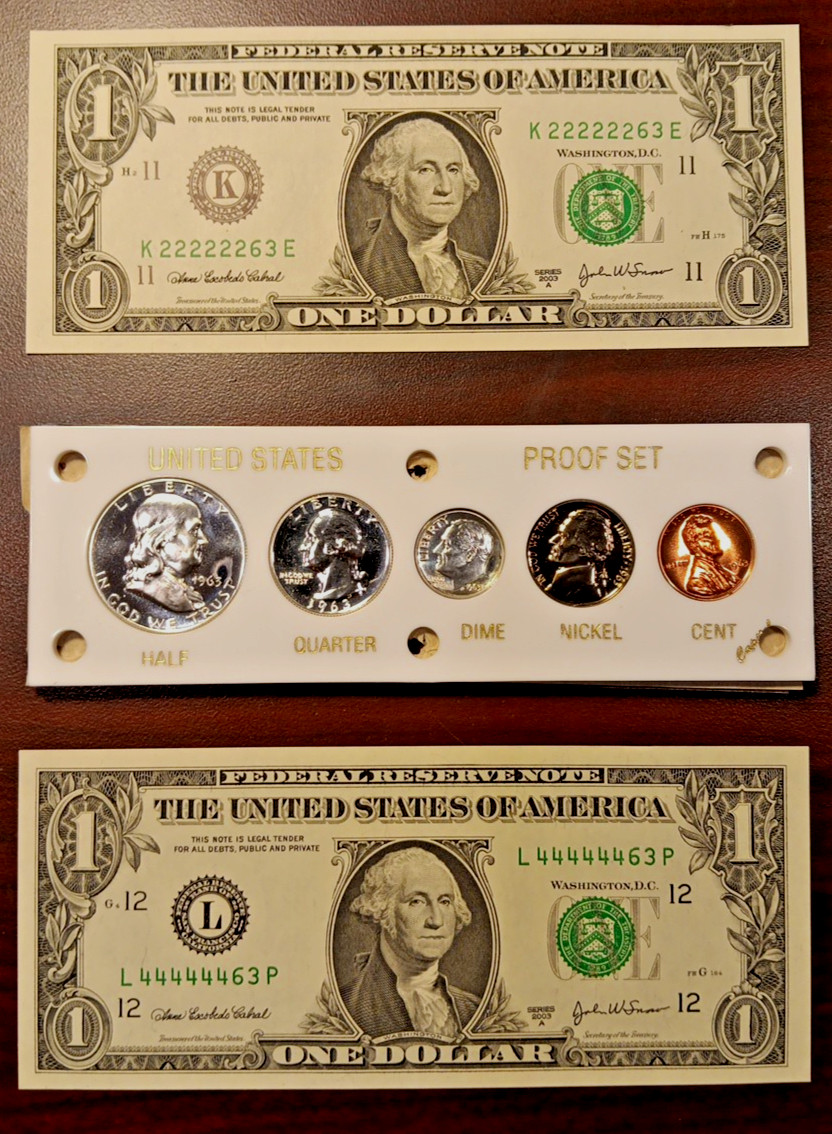 1963 U.S Mint Proof Set, 2003A Near Solid 2's, 2003A Near Solid 4,s Uncirculated
