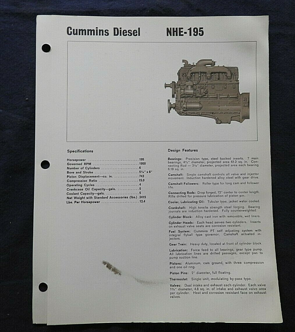 1966 GENUINE CUMMINS "NHE-195 DIESEL ENGINE" SPECIFICATION BROCHURE