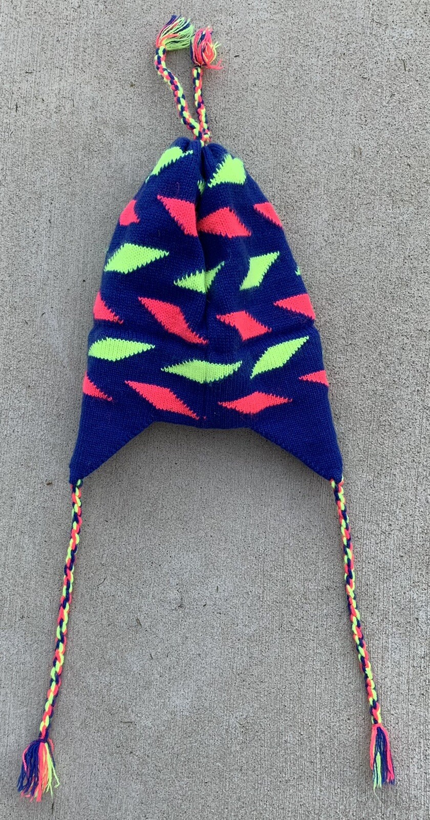 vintage knit beanie hat cap with neon geometric Maureen of the Mews NH