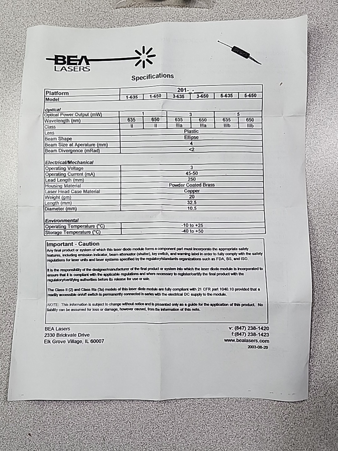 BEA LASER DIODE MODULE. MODEL 201-1-650 (BRAND NEW)