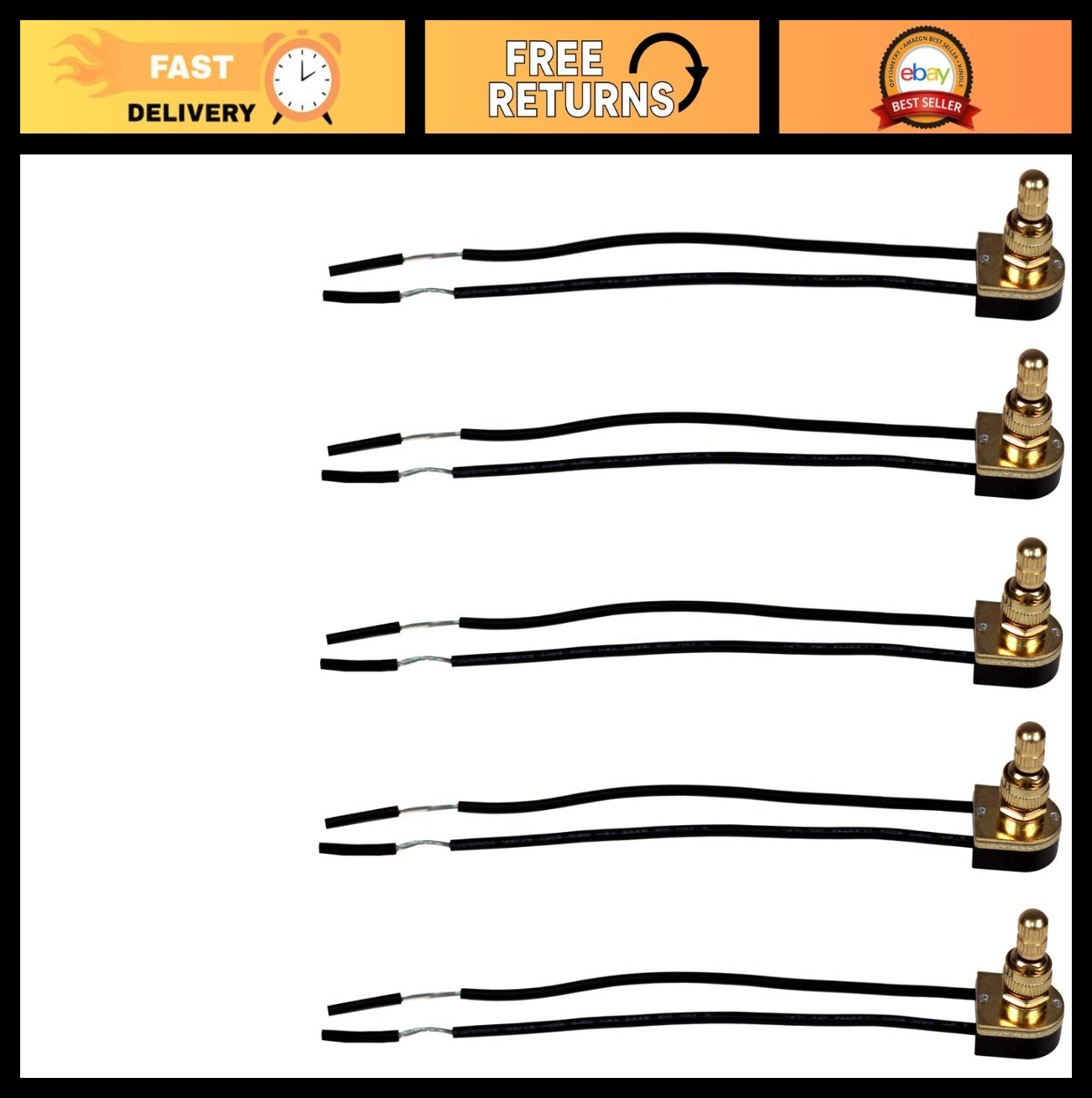 5 Pack Rotary On/Off Switches, Single Circuit 3A-120V, Brass Finish, Metal Bushi