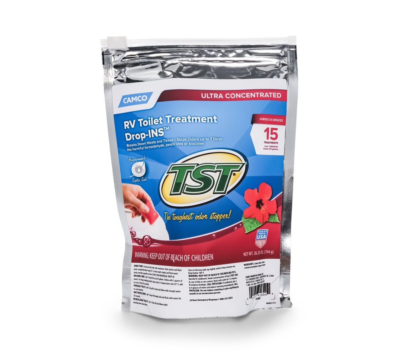 Camco TST Max Drop-Ins RV/Marine Toilet Treatment (Hibiscus) 15/bag #41600