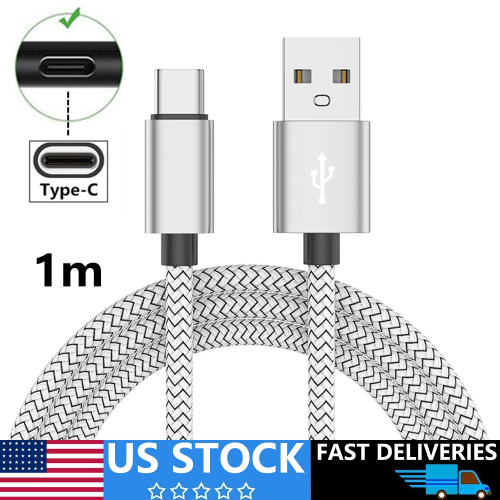 1m USB-A to USB-C Cable Fast Charger lot PD Nylon Cord For Android Samsung White