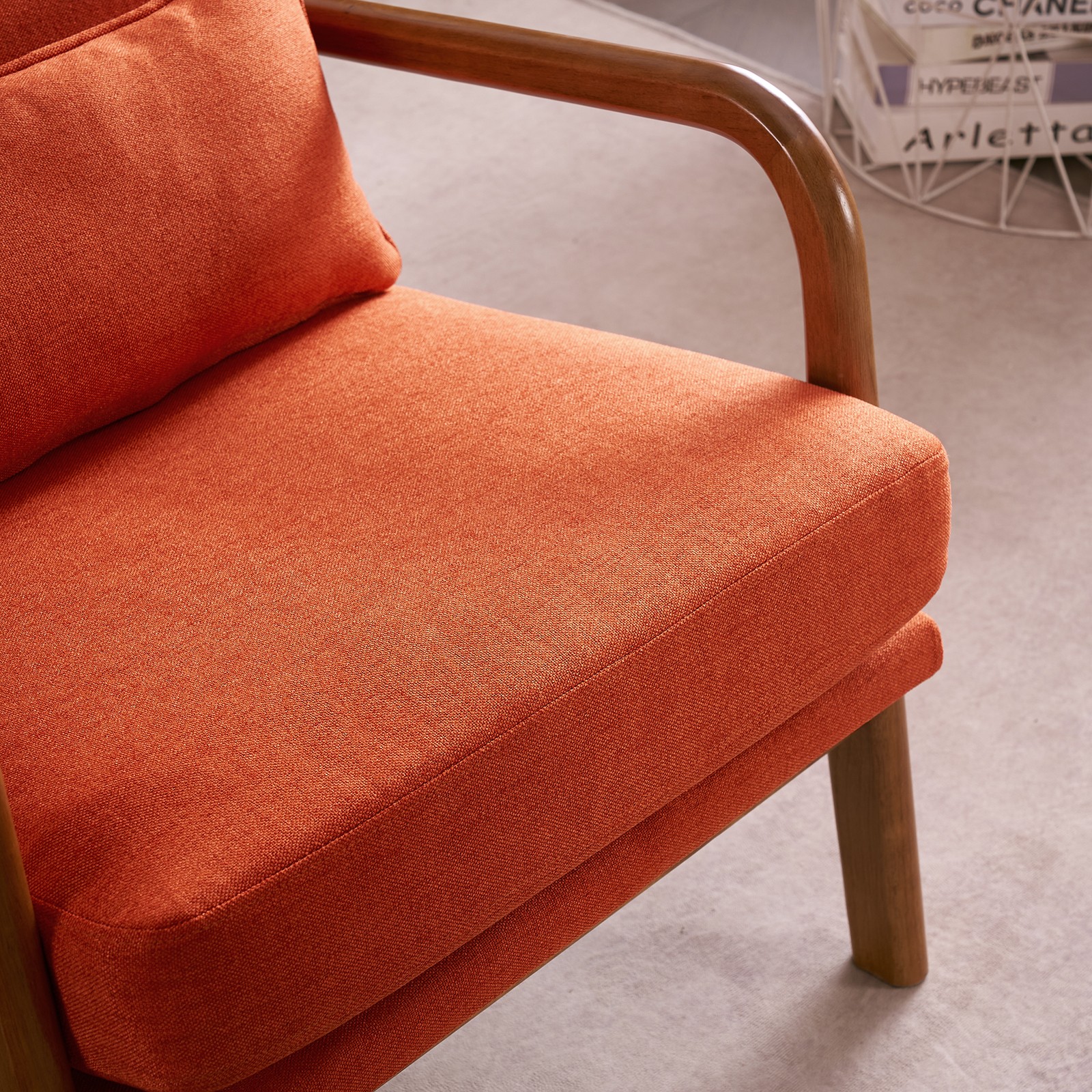 High Back Solid Wood Armrest Backrest Iron Frame Linen Indoor Leisure Chair