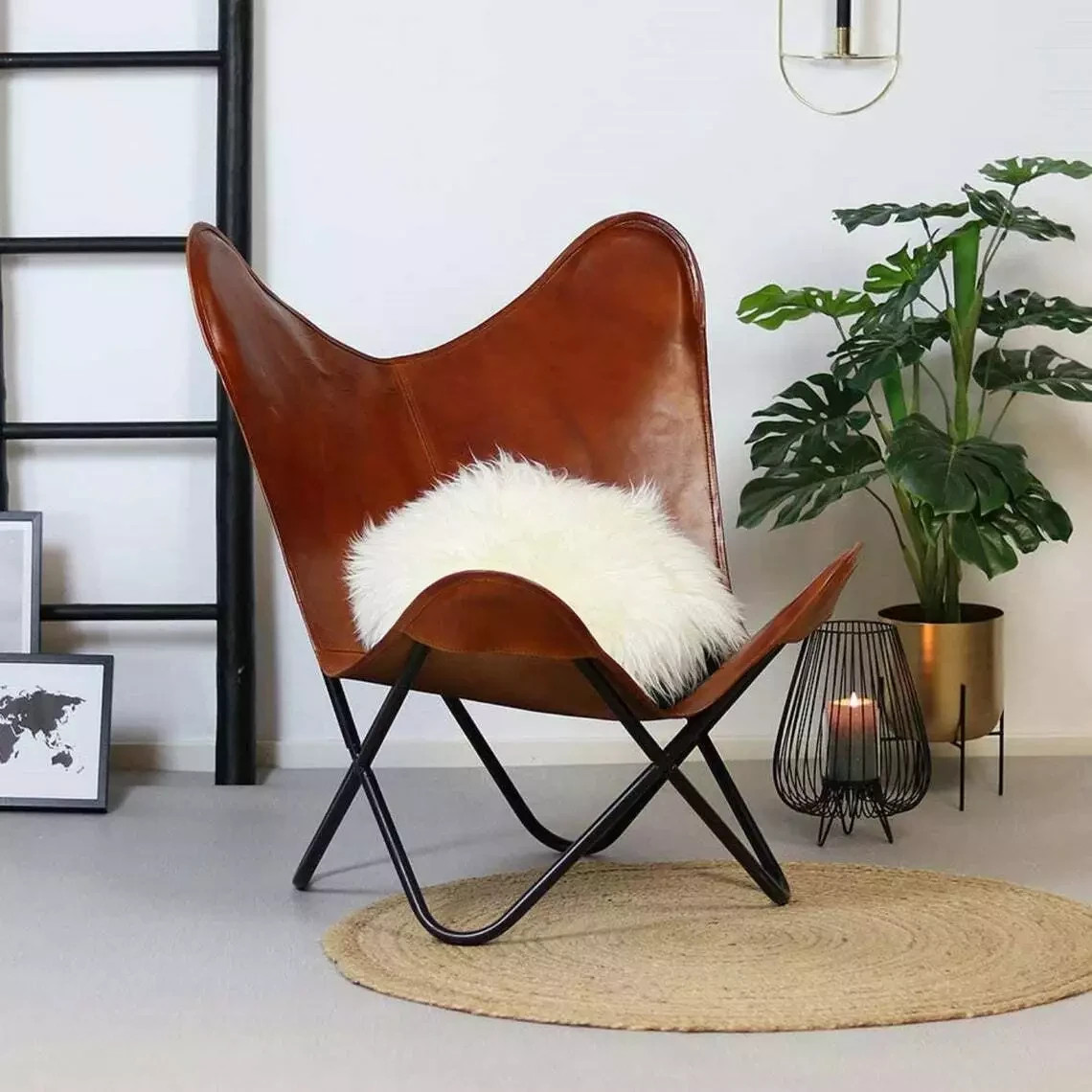 Handcrafted Leather Butterfly Chair Foldable Accent Chair Rustic Boho Seat