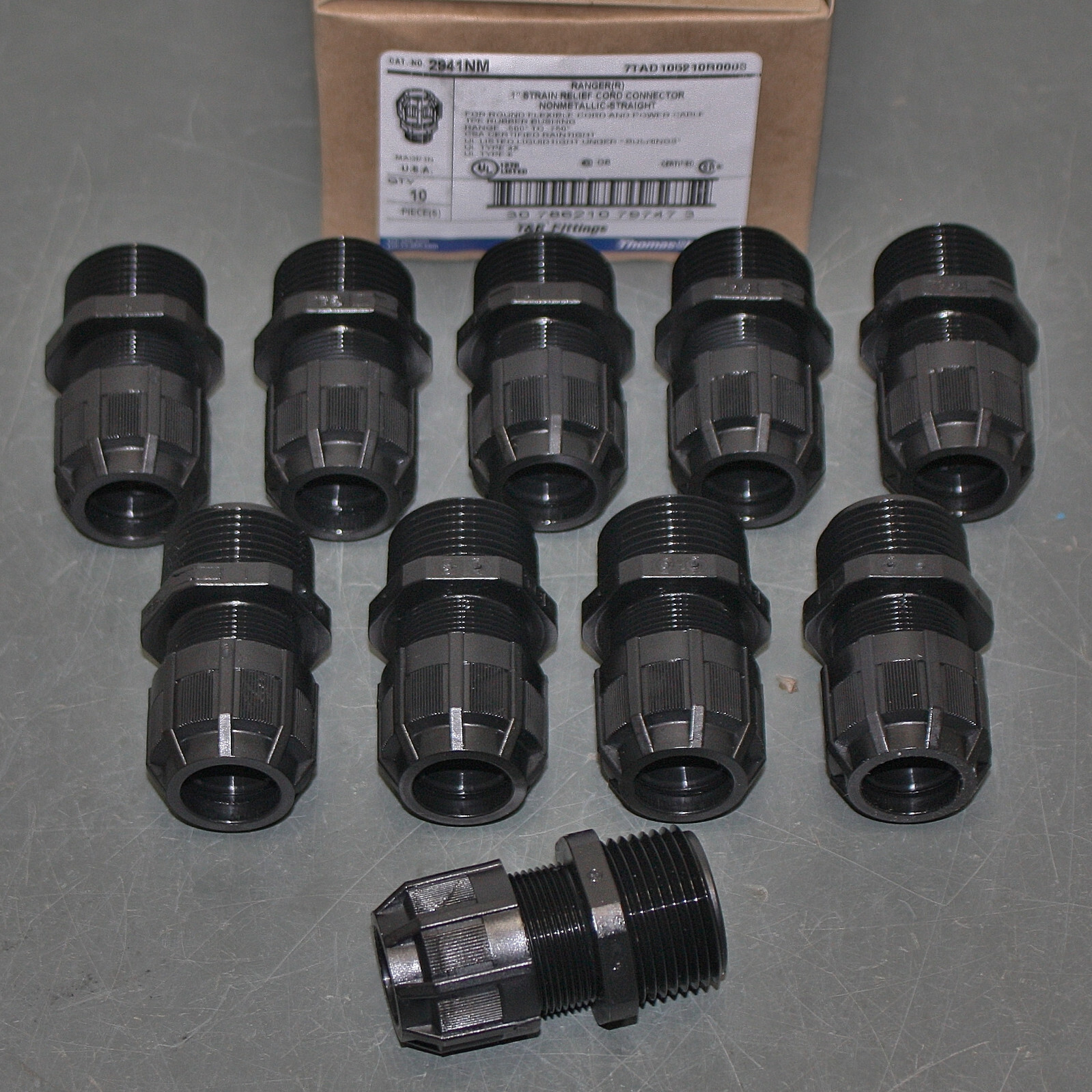 (10) Thomas & Betts Cord Strain Relief Connector 2941NM, 1" NPT, Liquid Tight