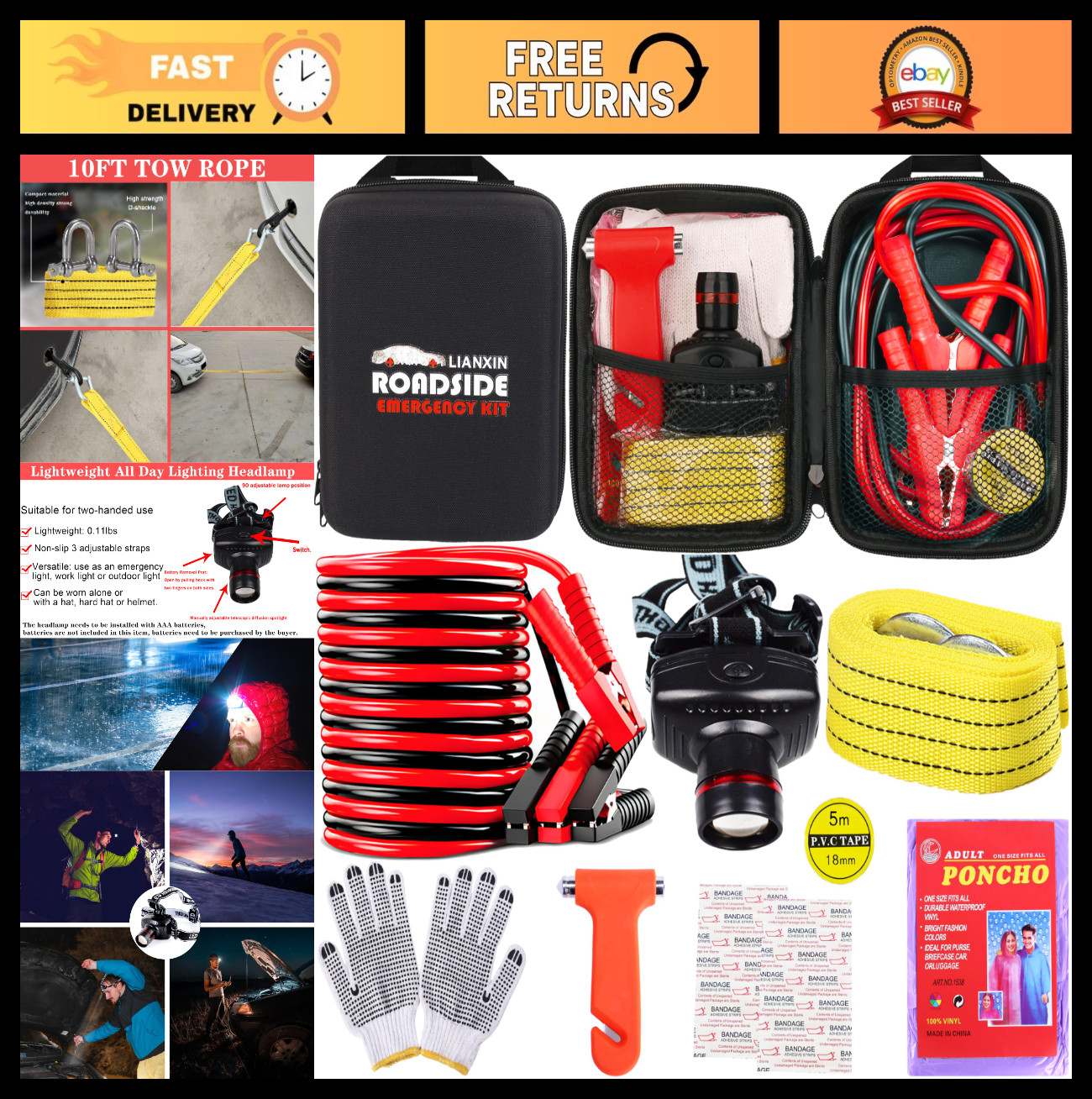 Emergency Roadside Kit with Jumper Cables, Car Safety Essentials & Tools